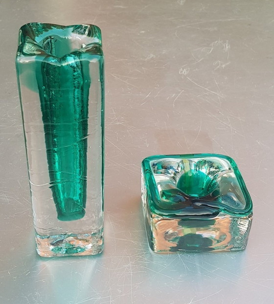 Image 1 of 2X Vase et bougeoir en verre vert émeraude et transparent