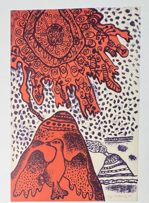 Signed; Guillaume Corneille Lithographie Le Volcan Tirage À 25 Exemplaires 1973