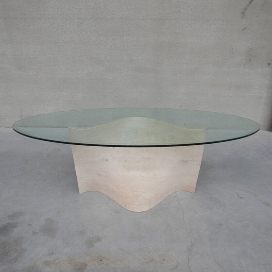 Image 1 of Table de salle à manger du milieu du siècle en travertin et verre, Italie, années 1970