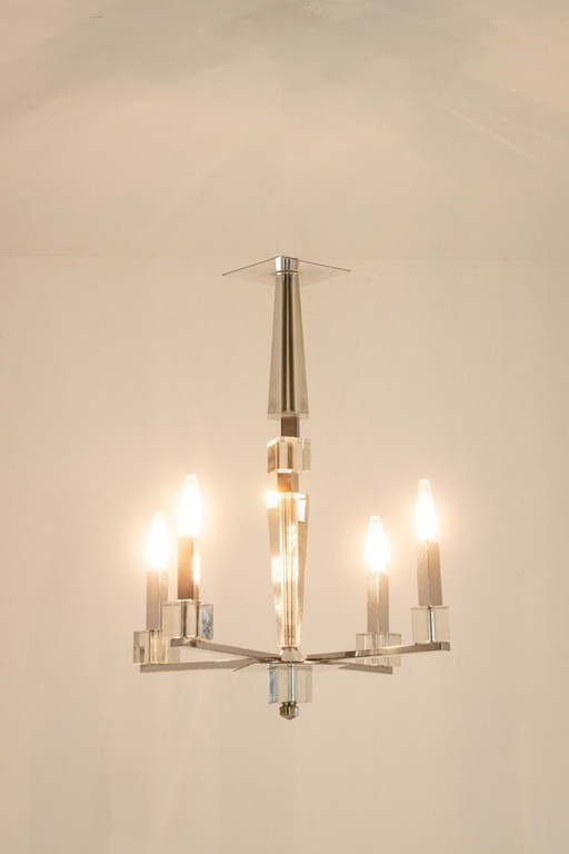 Jacques Adnet. Lustre Moderniste En Métal Chromé. Circa 1940.