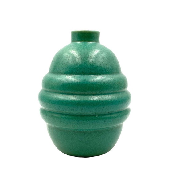 Image 1 of Vase art déco vintage en faïence turquoise, France 1940
