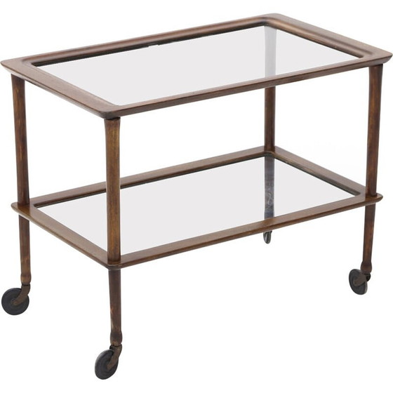 Image 1 of Chariot vintage en bois avec étagères en verre, années 1950