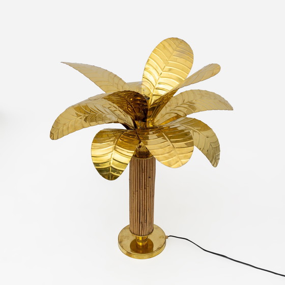 Image 1 of Paire de lampes palmier en laiton et rotin italiennes modernes du Mid Century, années 1970