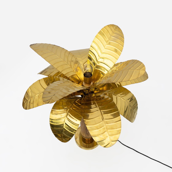 Image 1 of Paire de lampes palmier en laiton et rotin italiennes modernes du Mid Century, années 1970