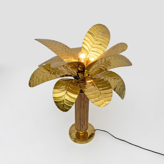 Image 1 of Paire de lampes palmier en laiton et rotin italiennes modernes du Mid Century, années 1970