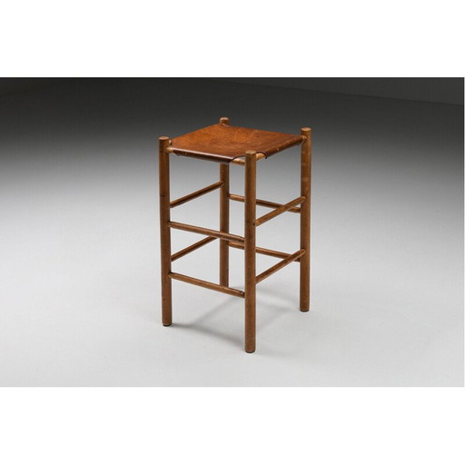 Tabouret de bar vintage en bois et cuir, France 1950s