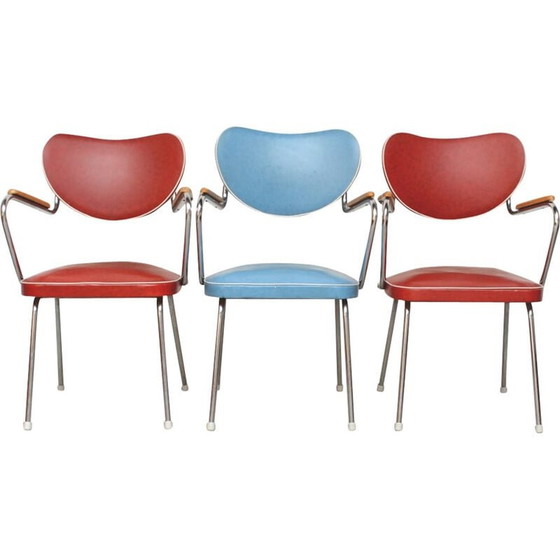Image 1 of Ensemble de 3 chaises rouges et bleues - années 1950