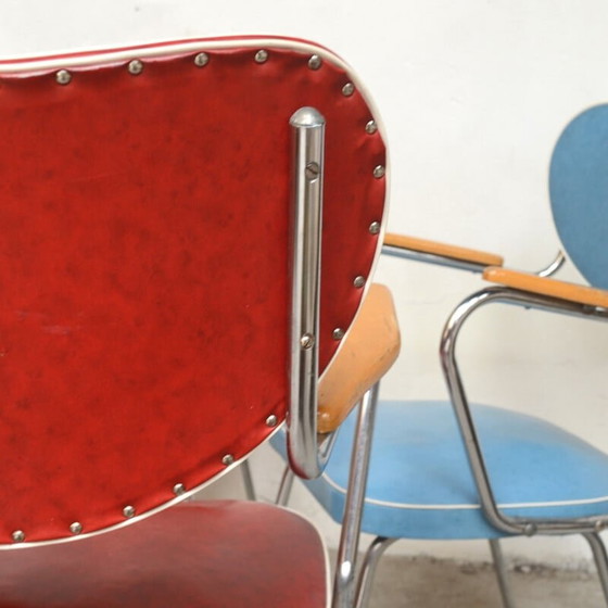 Image 1 of Ensemble de 3 chaises rouges et bleues - années 1950