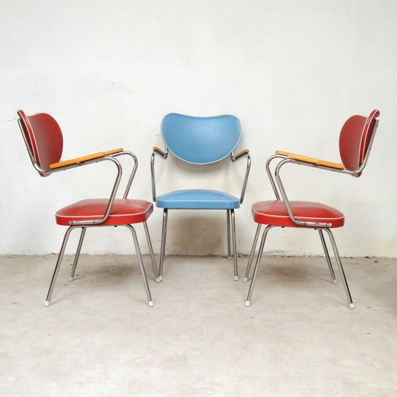 Image 1 of Ensemble de 3 chaises rouges et bleues - années 1950