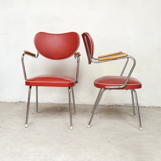 Image 1 of Ensemble de 3 chaises rouges et bleues - années 1950