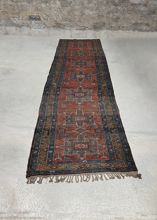 Pièce Rare, Collectionneur, Ancien Tapis De Passage, Tapis Runner, Perse Iran Tabriz Heriz Karadja 450X105 Cm