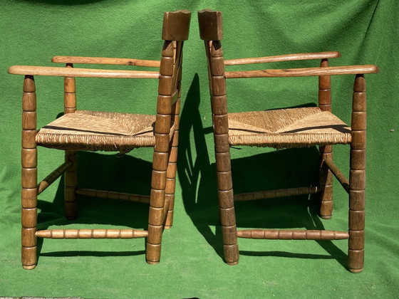 Image 1 of Chaises d'appoint allemandes tournées au fuseau avec sièges en jonc