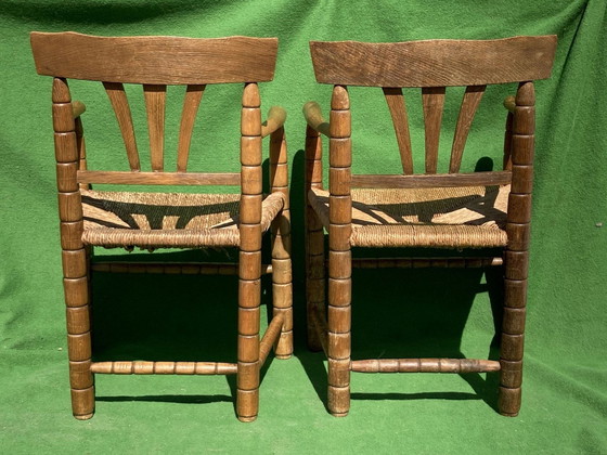 Image 1 of Chaises d'appoint allemandes tournées au fuseau avec sièges en jonc