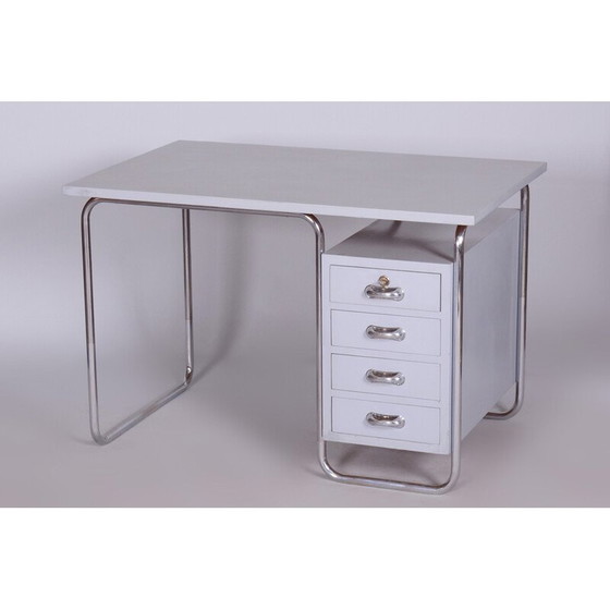Image 1 of Bureau vintage avec chaise en bois laqué et acier chromé par Hynek Gottwald, République tchèque, années 1930