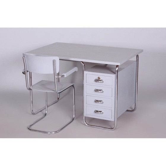 Image 1 of Bureau vintage avec chaise en bois laqué et acier chromé par Hynek Gottwald, République tchèque, années 1930