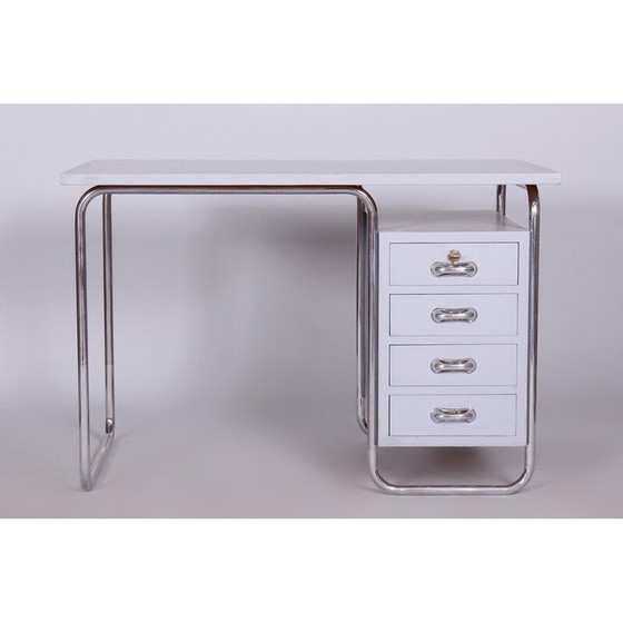Image 1 of Bureau vintage avec chaise en bois laqué et acier chromé par Hynek Gottwald, République tchèque, années 1930