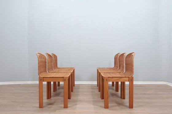 Image 1 of Chaises courbes en osier et en bois 1970S, ensemble de 6