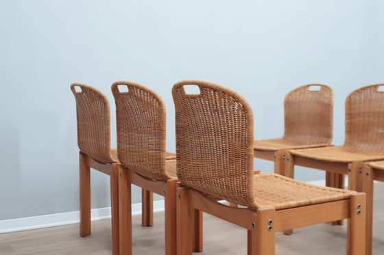 Image 1 of Chaises courbes en osier et en bois 1970S, ensemble de 6