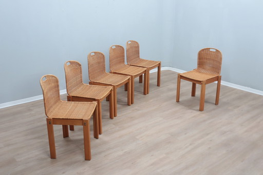 Chaises courbes en osier et en bois 1970S, ensemble de 6