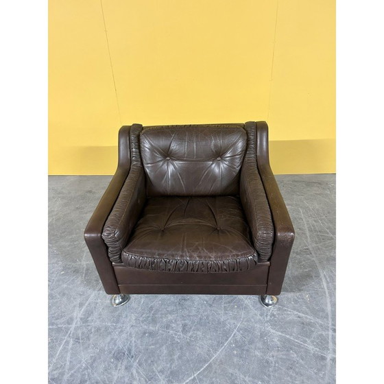 Image 1 of Fauteuil vintage danois à dossier bas en cuir marron, années 1960