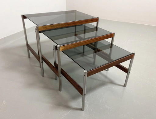 Tables gigognes design hollandais avec plateau en verre fumé