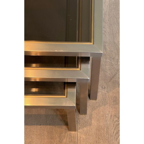 Image 1 of Tables gigognes vintage en acier brossé et laiton, France 1970