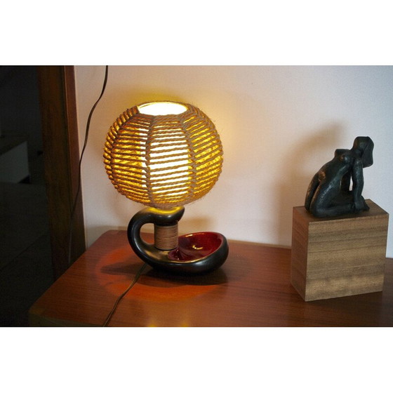 Image 1 of Lampe vintage en céramique et rotin, 1950