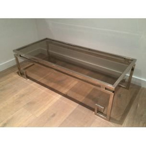 Table basse vintage française en acier argenté et verre, 1970