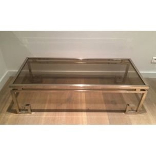 Table basse vintage française en acier argenté et verre, 1970