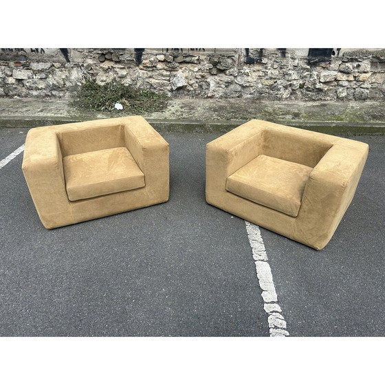 Image 1 of Paire de fauteuils Throw-away vintage en cuir de veau et velours par Willie Landels pour Bonifico Zanotta, 1965