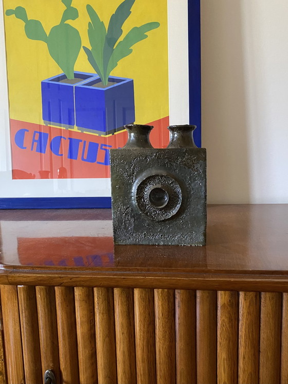 Image 1 of Vase en céramique brutaliste vert foncé, Italie 1980S