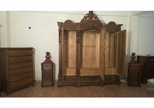 Ensemble de chambre à coucher, armoire, commode, tables de chevet, 1890S, lot de 4