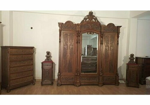 Ensemble de chambre à coucher, armoire, commode, tables de chevet, 1890S, lot de 4