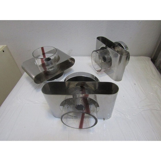 Image 1 of Ensemble de 3 appliques vintage en acier et verre de Murano, 1970