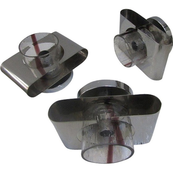 Image 1 of Ensemble de 3 appliques vintage en acier et verre de Murano, 1970