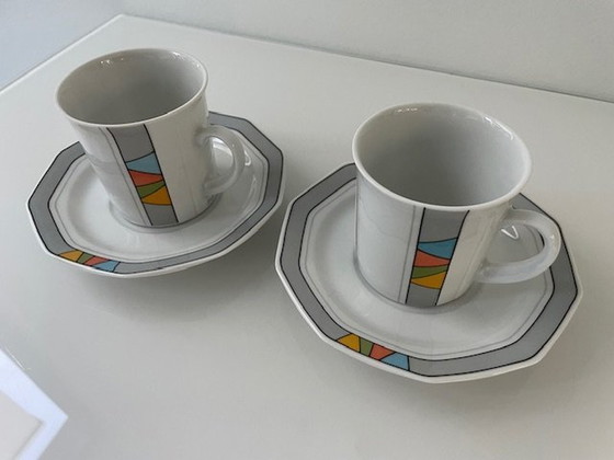 Image 1 of 2X tasses et soucoupes Winterling pour Douwe Egberts - Céramique de style Memphis - Allemagne de l'Ouest, années 1980