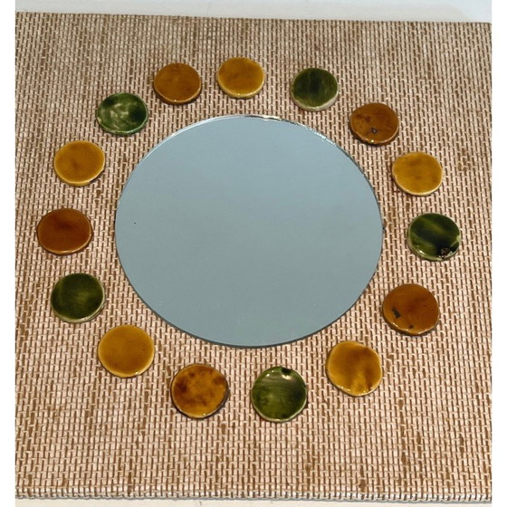 Image 1 of Miroir vintage en raphia et céramique, France 1950