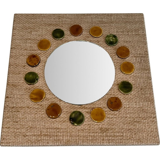 Image 1 of Miroir vintage en raphia et céramique, France 1950