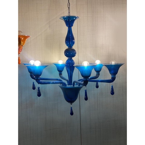 Image 1 of Lustre contemporain en verre de Murano bleu translucide