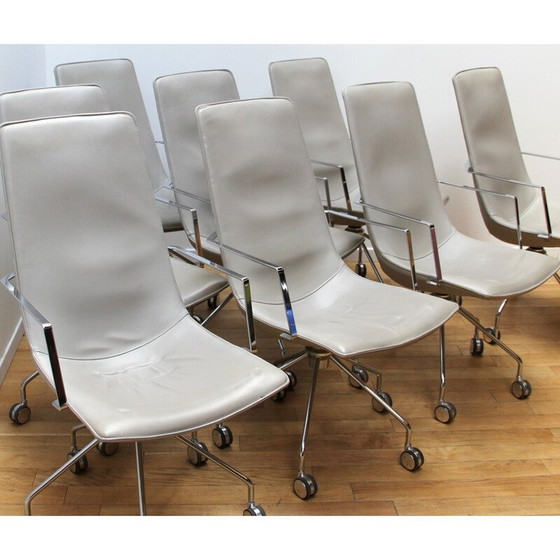 Image 1 of Ensemble de 8 fauteuils de bureau vintage Comet en aluminium chromé et cuir teinté beige pour Lammhults