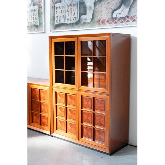 Image 1 of Meuble d'angle modulaire vintage en merisier avec portes vitrées et sculptées, 1970