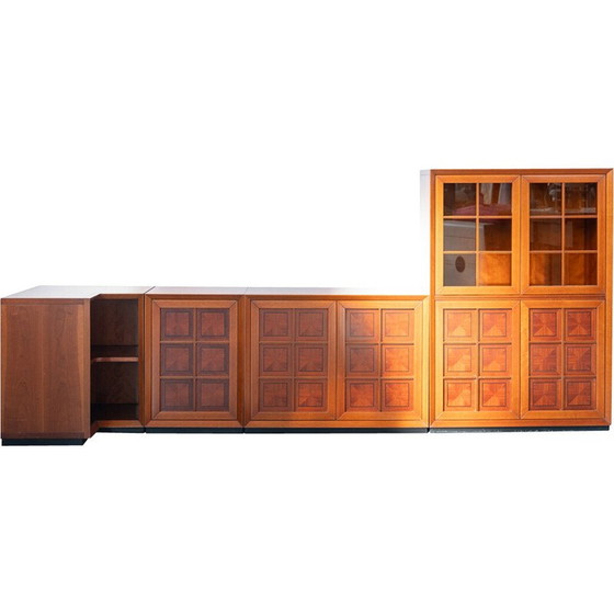 Image 1 of Meuble d'angle modulaire vintage en merisier avec portes vitrées et sculptées, 1970