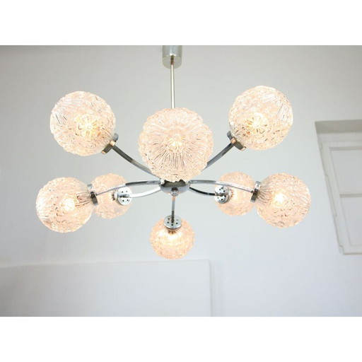 Lustre vintage en chrome et cristal avec 8 bras, Italie 1960