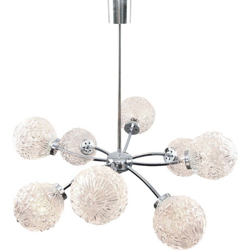 Lustre vintage en chrome et cristal avec 8 bras, Italie 1960