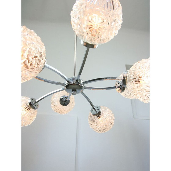 Image 1 of Lustre vintage en chrome et cristal avec 8 bras, Italie 1960