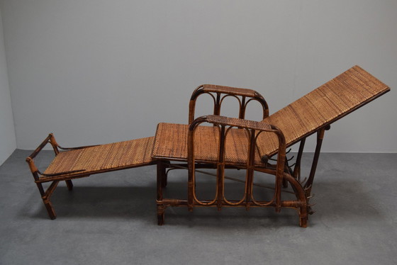 Image 1 of Rare chaise vintage en rotin et bambou avec ottoman d'Erich Dieckmann, 1930S