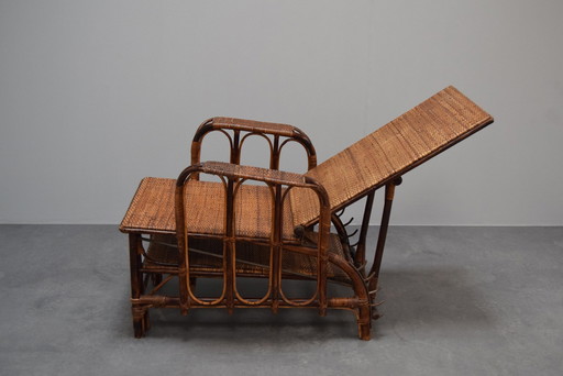 Rare chaise vintage en rotin et bambou avec ottoman d'Erich Dieckmann, 1930S