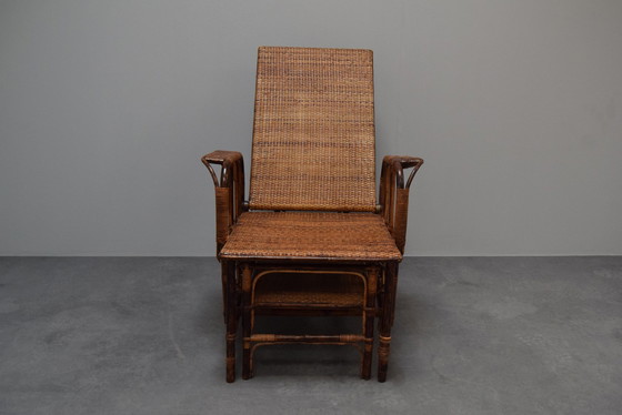 Image 1 of Rare chaise vintage en rotin et bambou avec ottoman d'Erich Dieckmann, 1930S