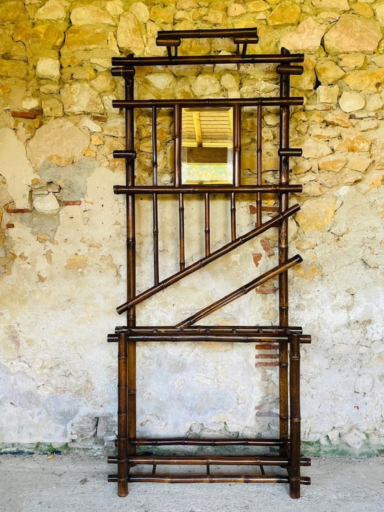 Image 1 of Porte-manteau vintage en bambou avec miroir biseauté, années 1920