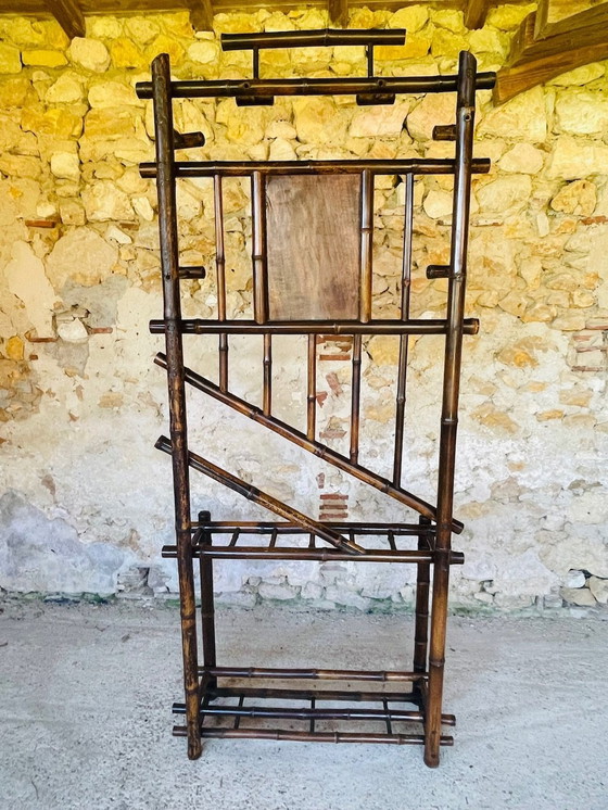 Image 1 of Porte-manteau vintage en bambou avec miroir biseauté, années 1920